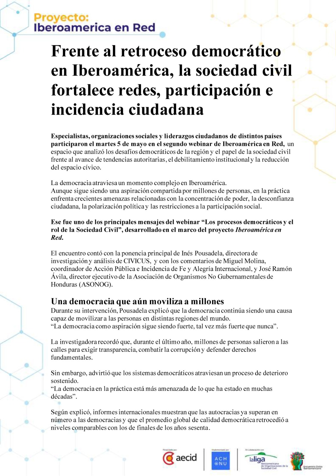 Frente al retroceso democrático en Iberoamérica, la sociedad civil fortalece redes, participación e incidencia ciudadana