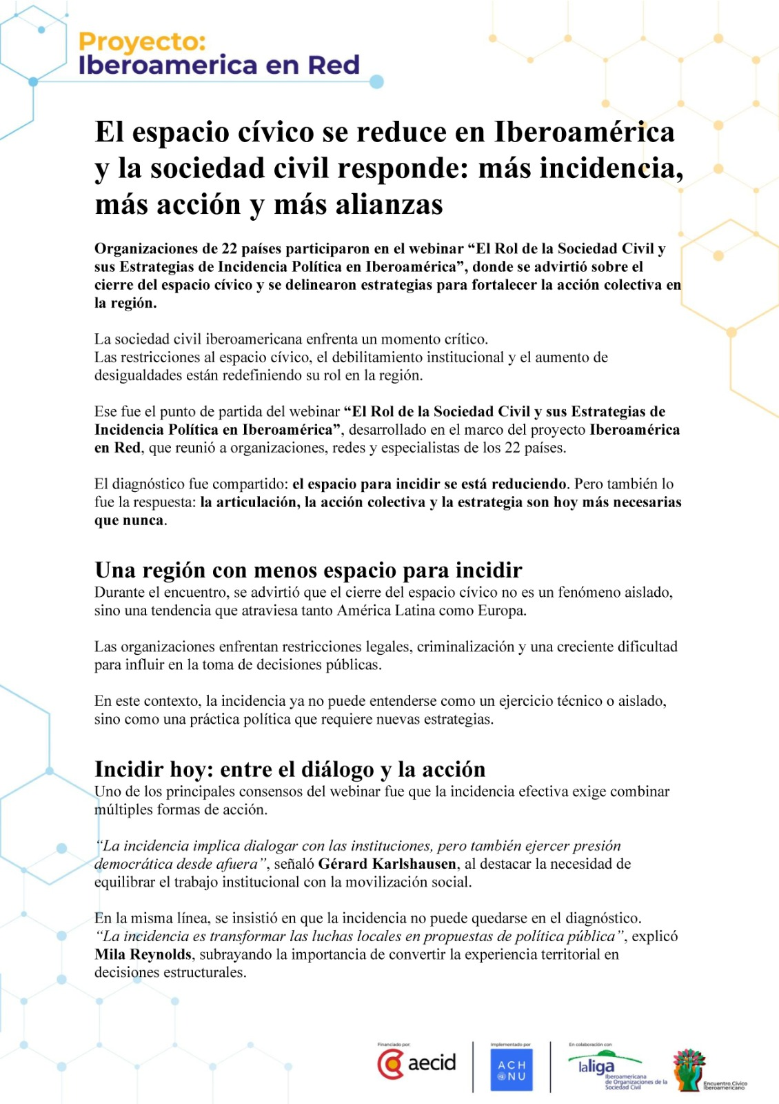 El espacio cívico se reduce en Iberoamérica y la sociedad civil responde: más incidencia, más acción y más alianzas